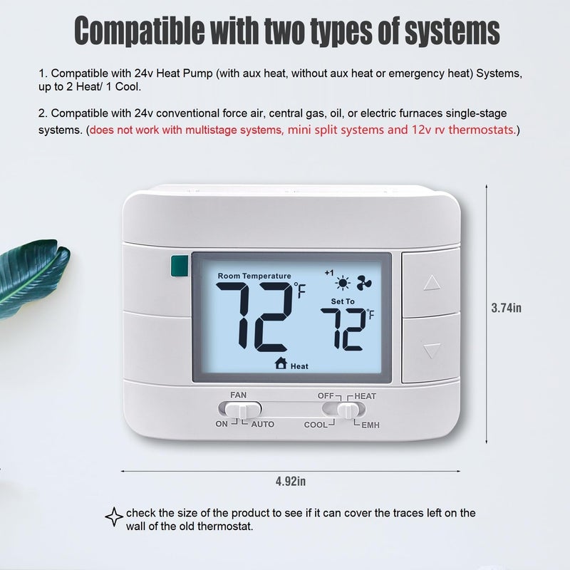 Aowel 2 Heat/ 1 Cool Non-Programmable Thermostat for Home Heat Pump System and Conventional Single-Stage System, with Room Temperature & Humidity Monitor (White Backlit Screen) - Image 2